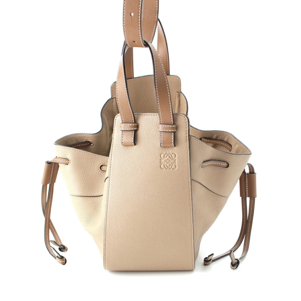 Loewe Hammock Drawstring Leather Shoulder Bag Handbag Beige Cream x Brown
